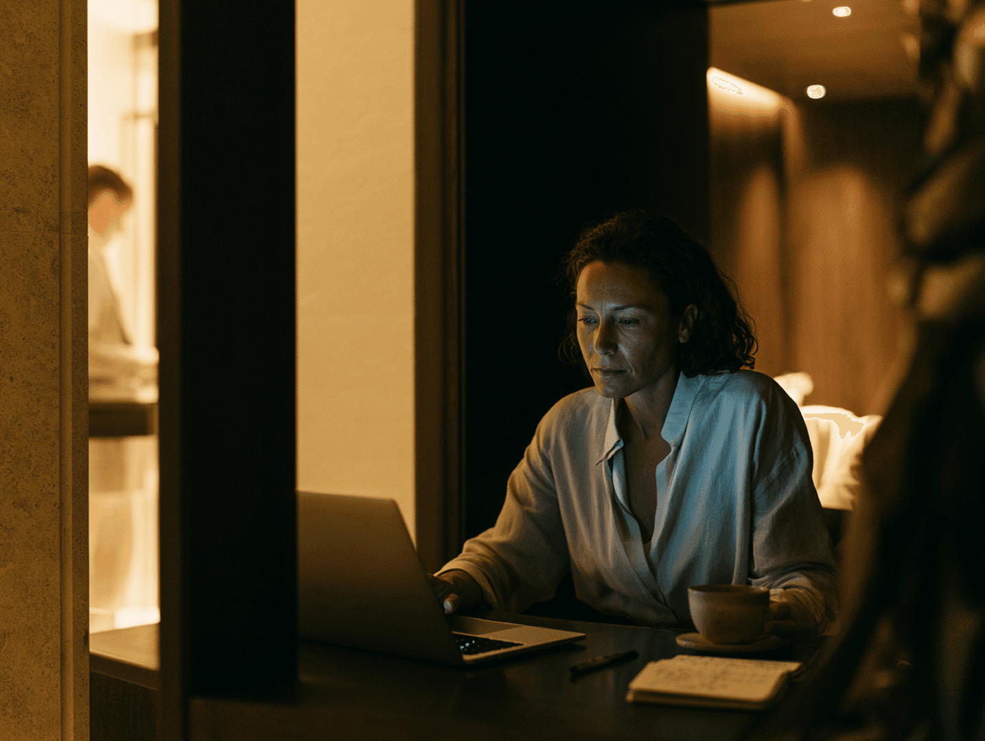 A member working on a laptop in a quiet hotel lounge at night