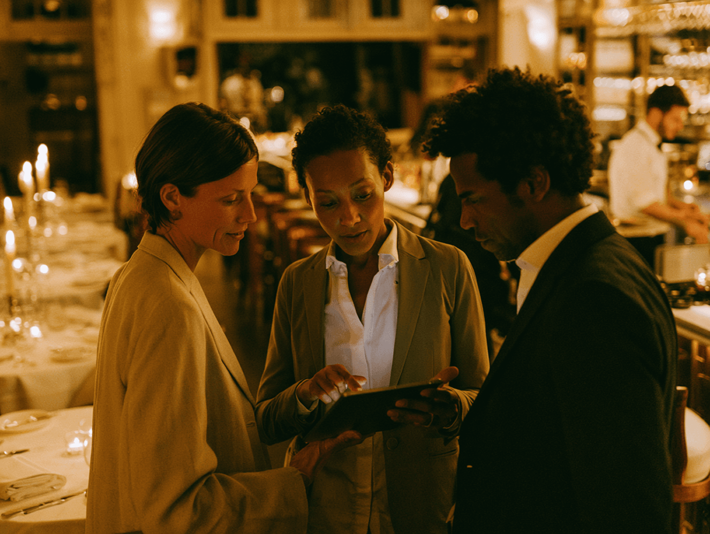 Restaurant staff reviewing a tablet together in the dining room