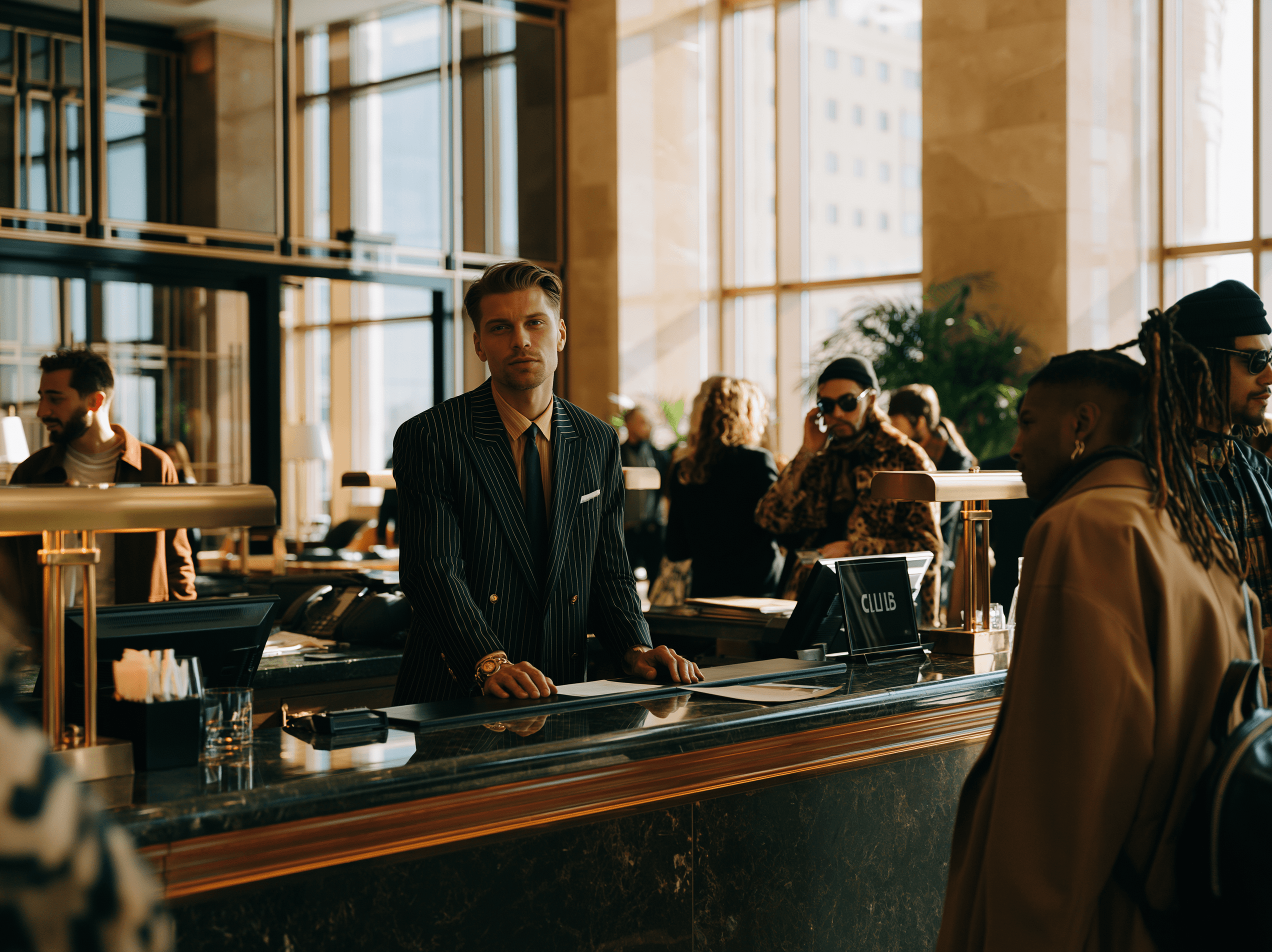 A host greeting arriving guests at a marble club reception desk
