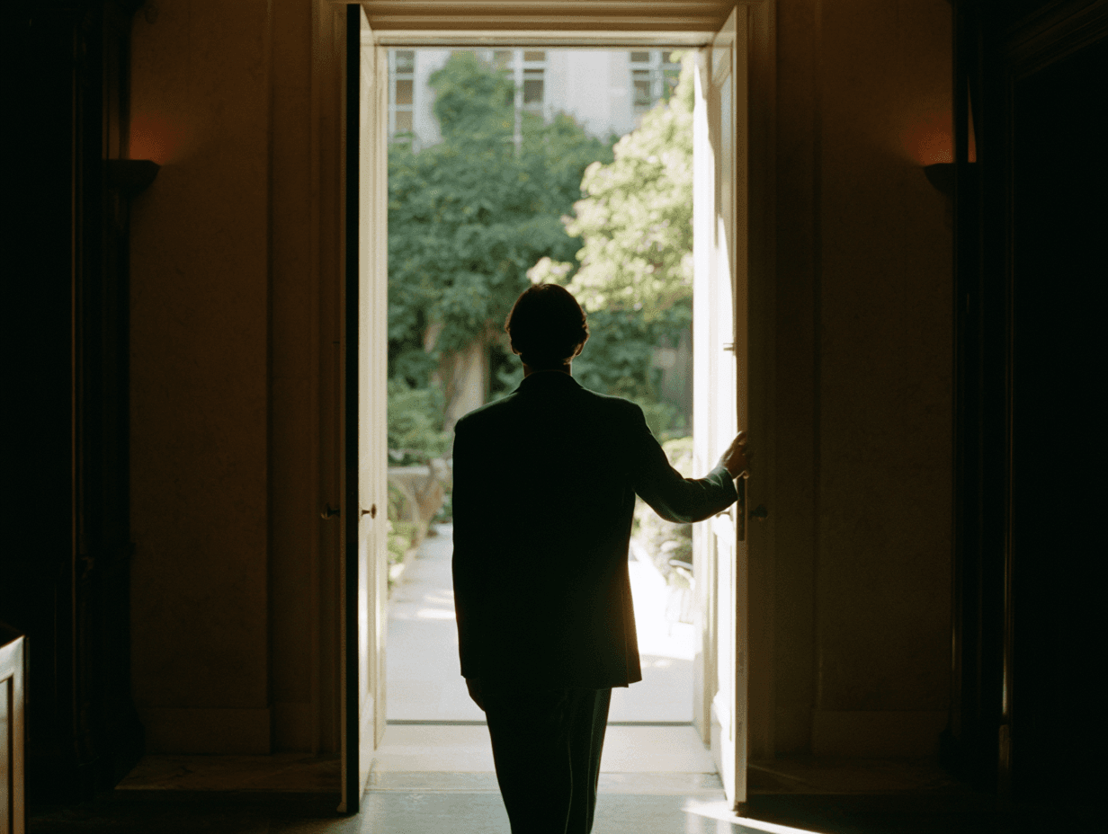 A member stepping through a doorway into a sunlit courtyard