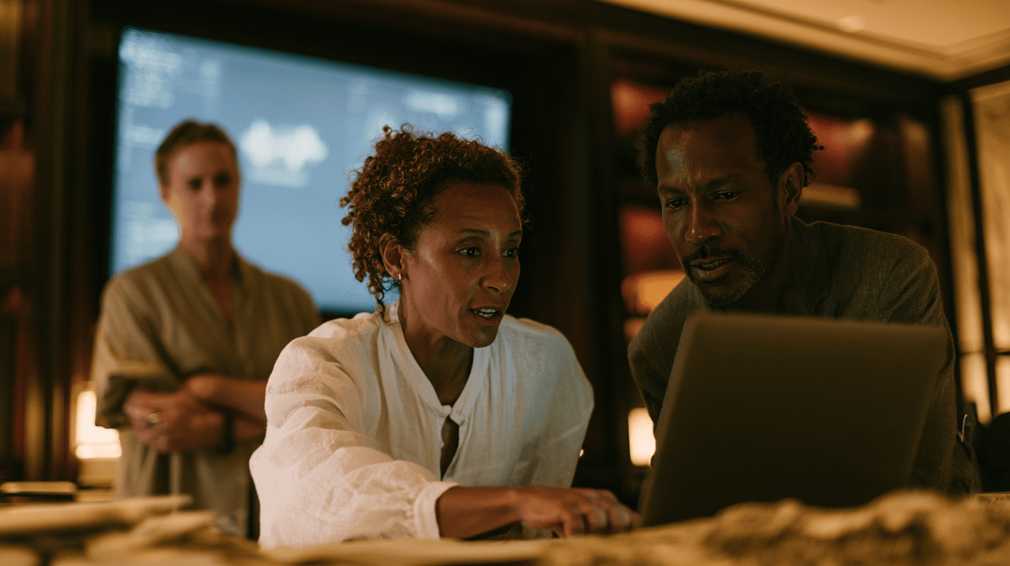 Club managers reviewing figures on a laptop in a back office