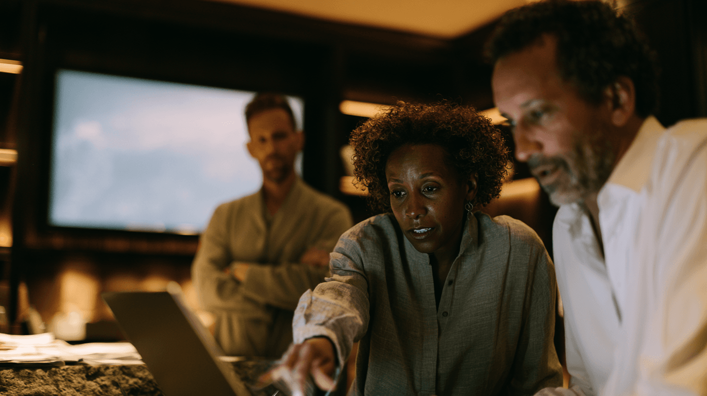 A club team reviewing member data on a laptop together