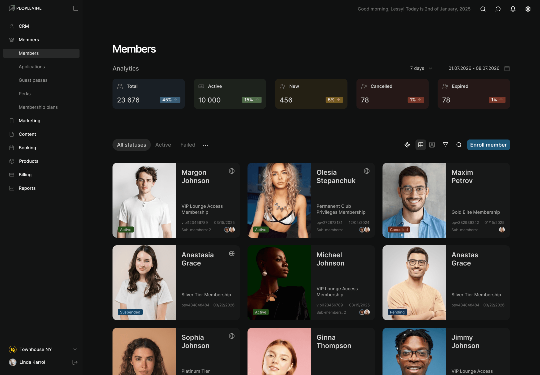 Peoplevine web portal — members dashboard