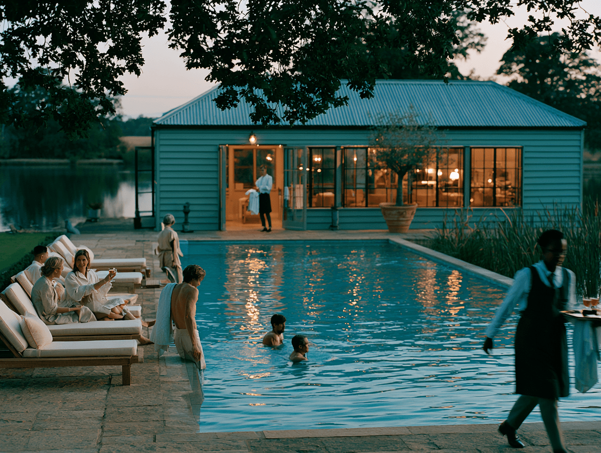 Guests gathered around a lantern-lit pool house at night