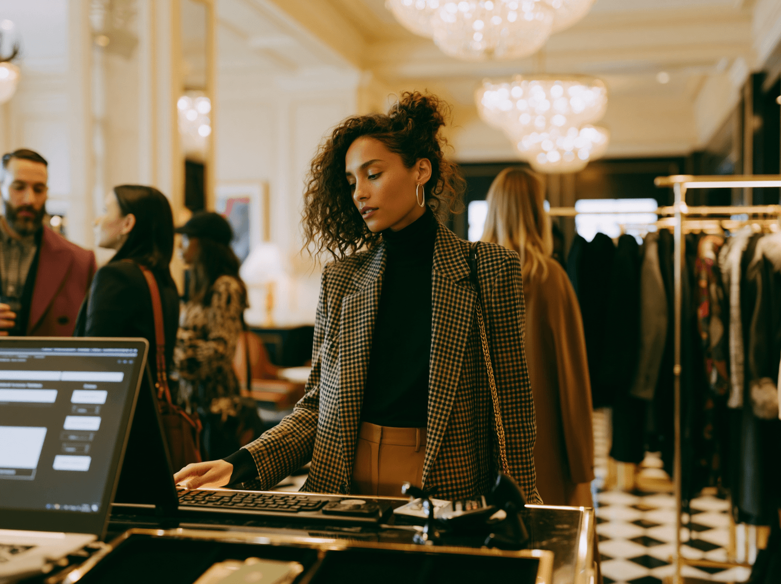 Staff member checking in guests at a boutique reception desk