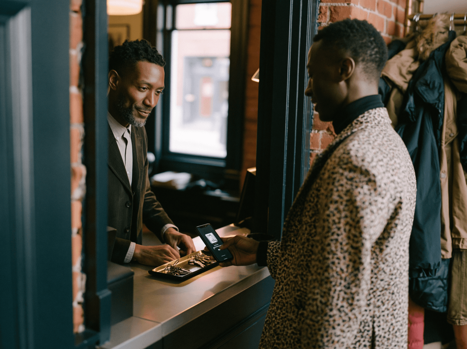 Guest being welcomed at the front-desk window on arrival
