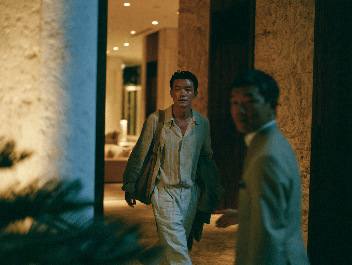 Guests arriving through a warmly lit hotel entrance at night