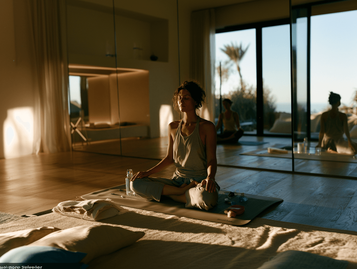 Member meditating in a sunlit wellness studio