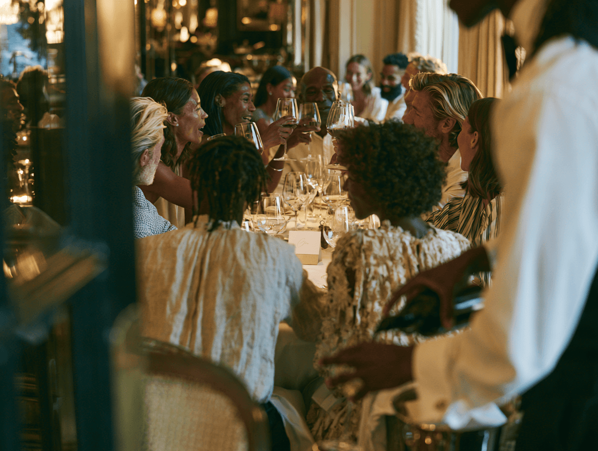 Members raising glasses at a candlelit dinner gathering