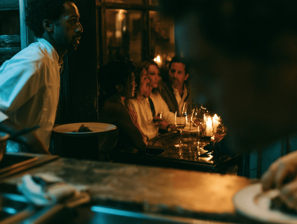 A server greeting members at a candlelit dining counter
