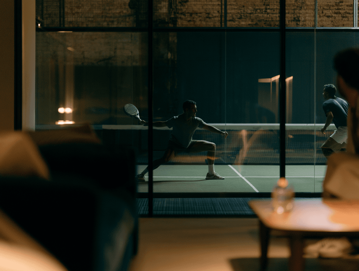 Members crossing a sunlit private club lobby