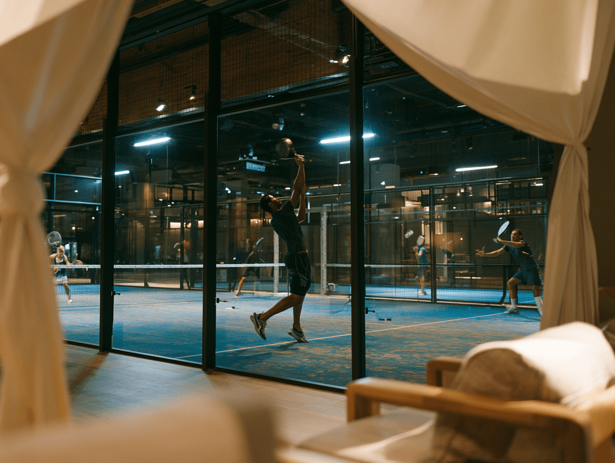 Players on a glass-walled padel court seen from the lounge