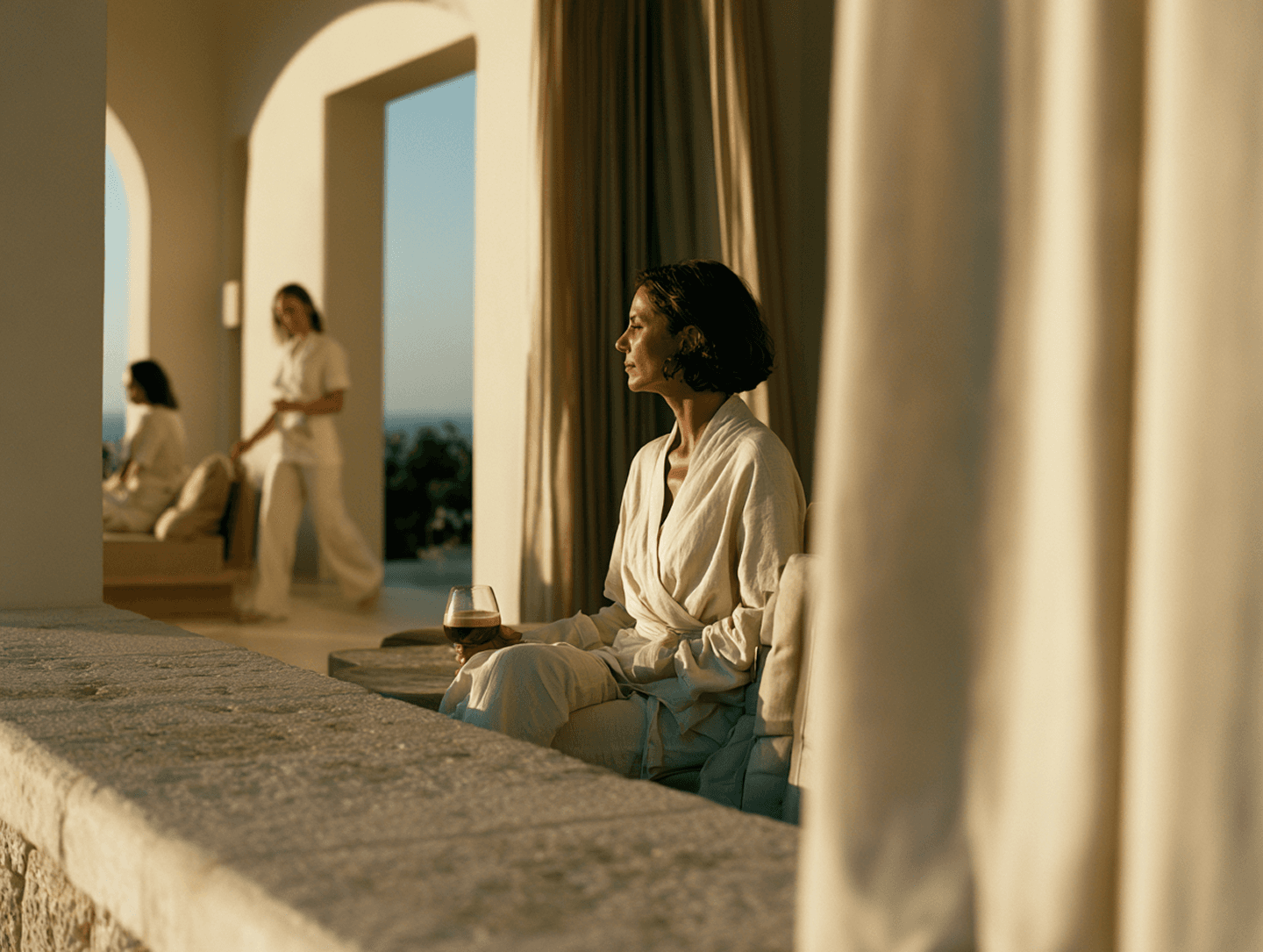 A guest unwinding on a resort terrace at golden hour
