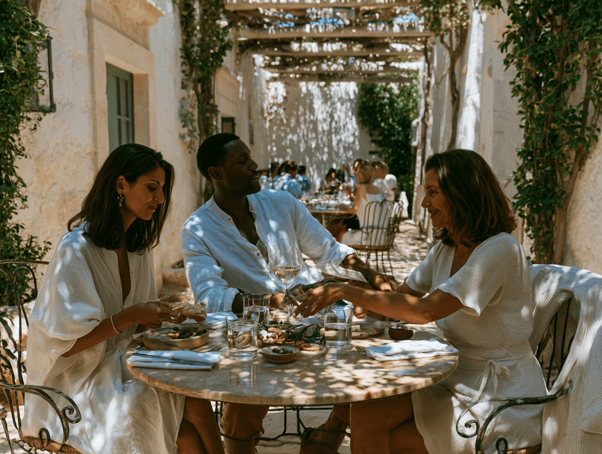 Members dining together in a sunlit courtyard