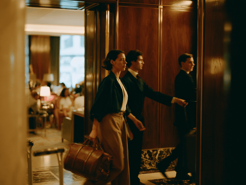 Staff welcoming guests in a wood-panelled hotel corridor