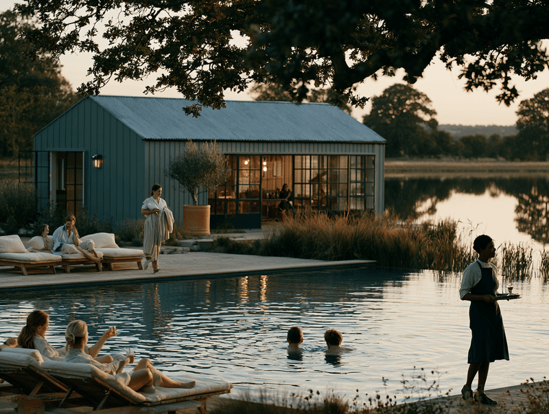 Residents gathered around a lakeside pool at dusk