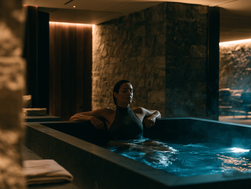 Member soaking in a dim stone spa pool