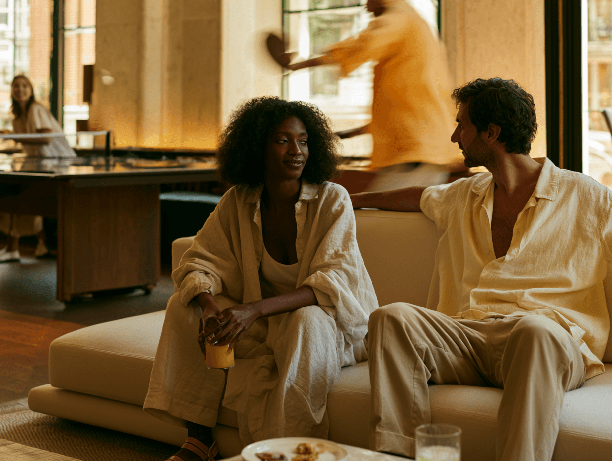 Members relaxing together on a couch in a bright hotel lounge
