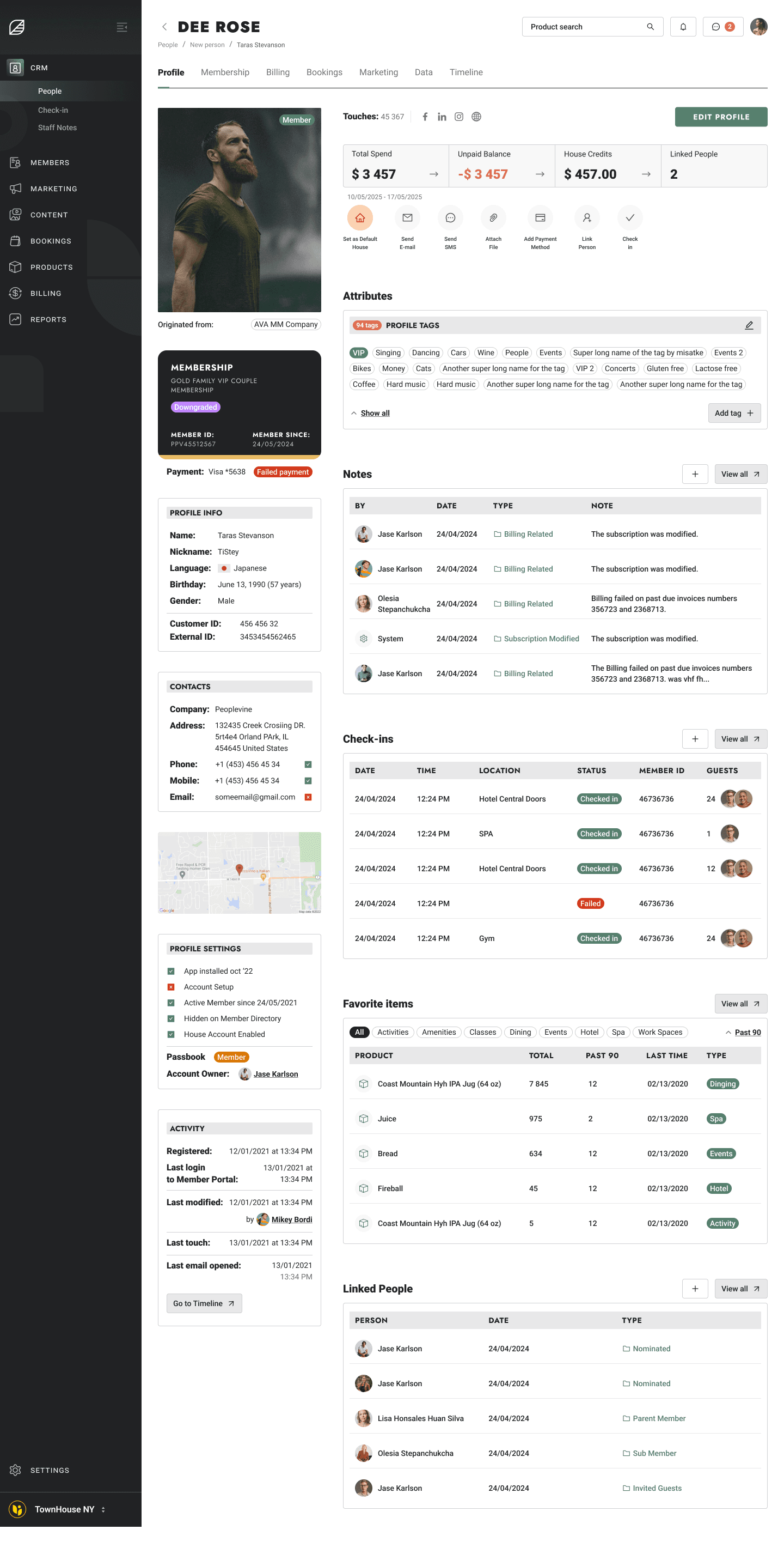 Member CRM profile dashboard