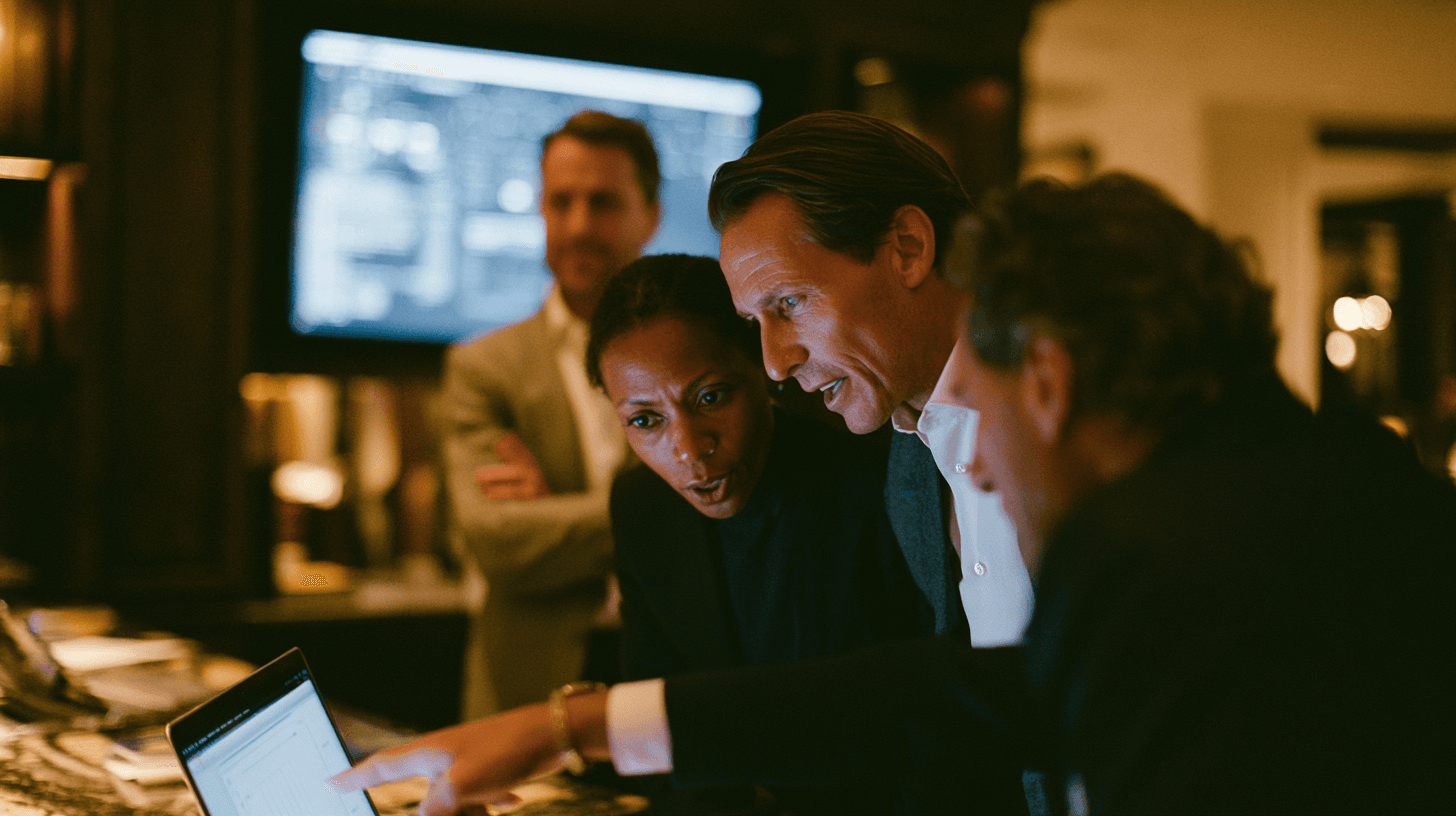 A hospitality team gathered around a laptop reviewing their operation