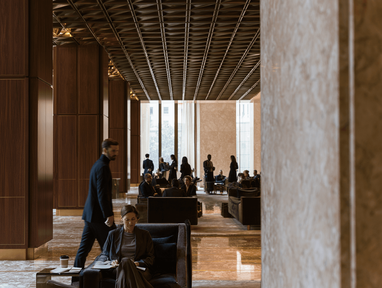 Members crossing a sunlit club lobby
