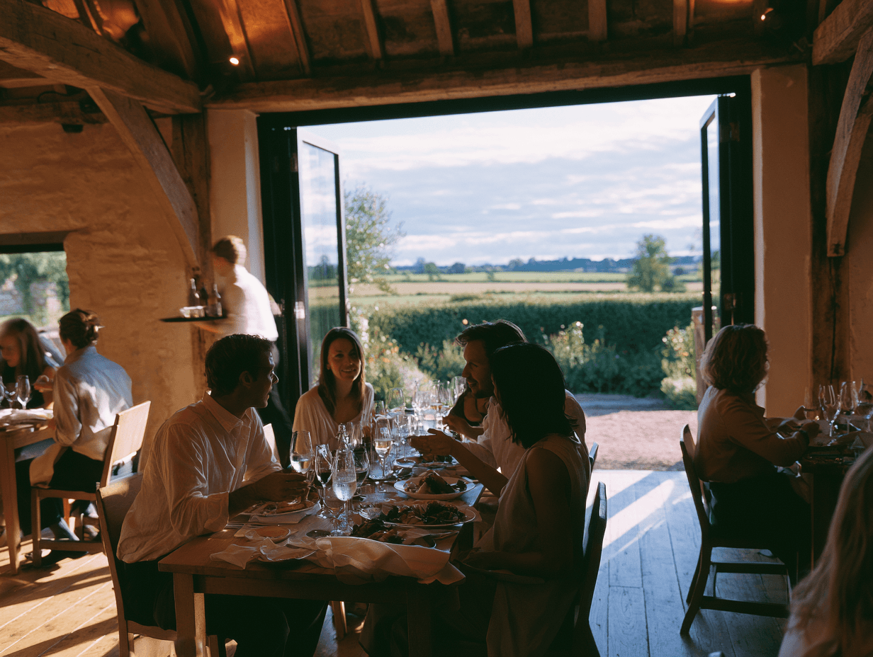 Guests dining at a long table overlooking open fields