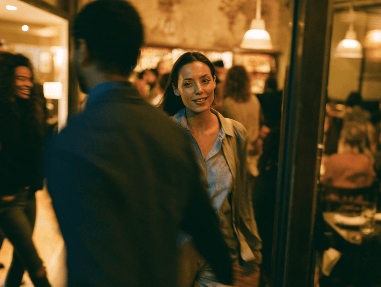 A guest being welcomed at a restaurant entrance